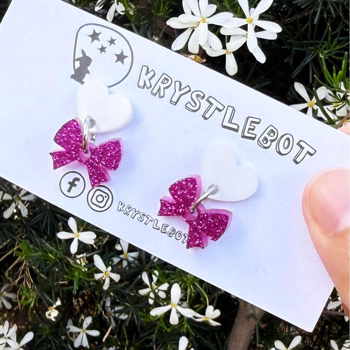 Pink bow inspired mini dangles, pink and white heart and mini bow round dangles, lightweight statement dangle