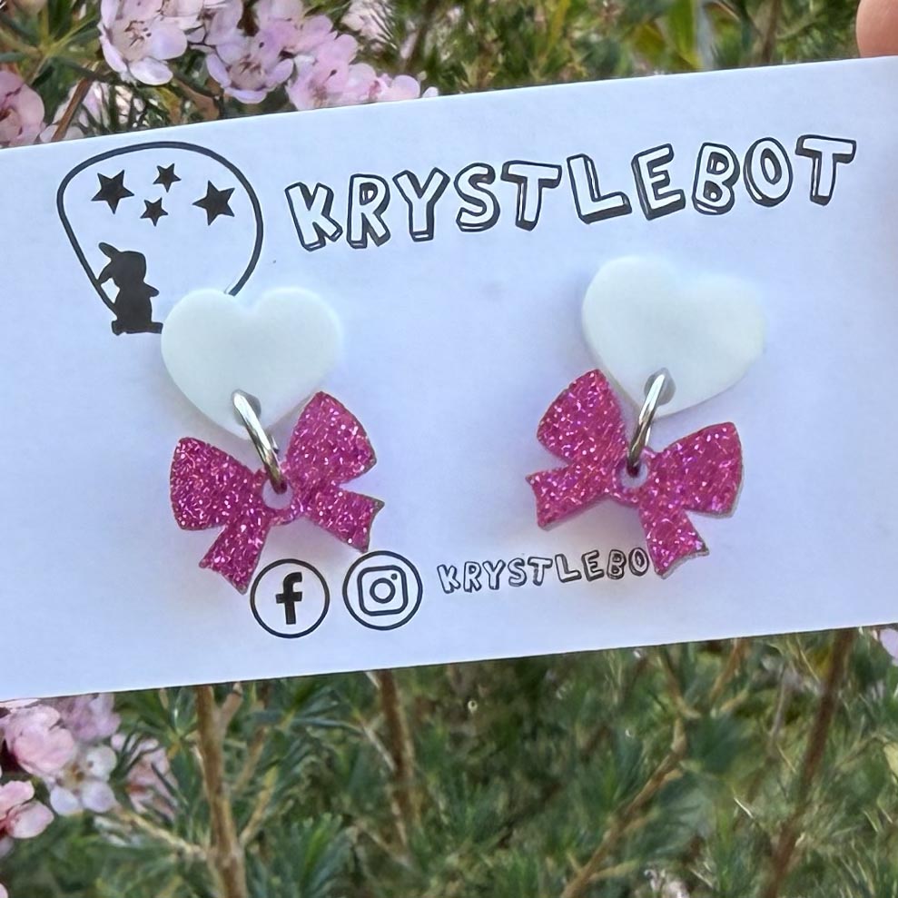 Pink bow inspired mini dangles, pink and white heart and mini bow round dangles, lightweight statement dangle