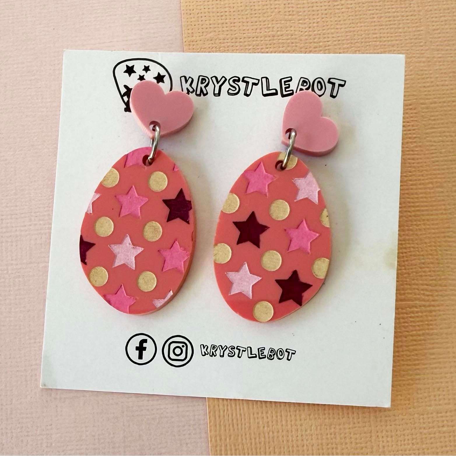 Raspberry pink multi coloured star and spots Hand Painted Oval Earrings, Lightweight Acrylic Dangles, One-Off
