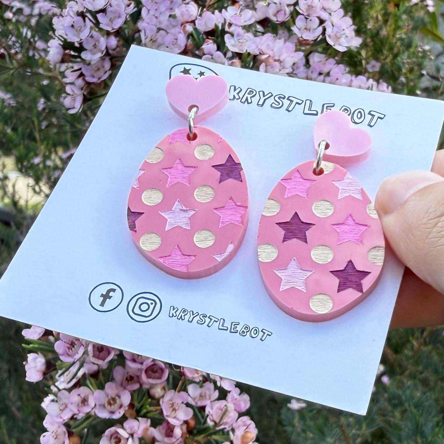 Raspberry pink multi coloured star and spots Hand Painted Oval Earrings, Lightweight Acrylic Dangles, One-Off
