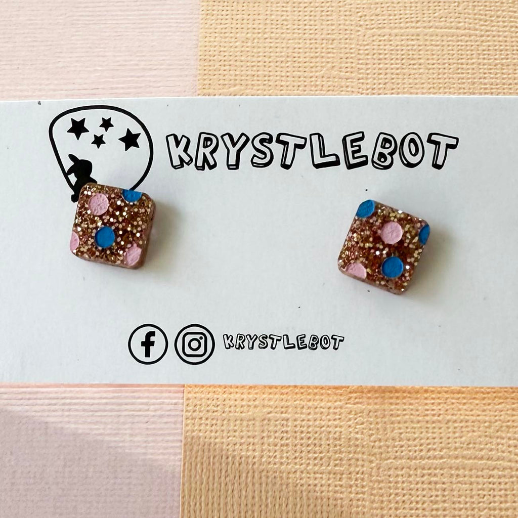 Rose gold glitter with pink and blue coloured spotted painted square studs, Teacher Gifts, Everyday earrings, Basic Studs