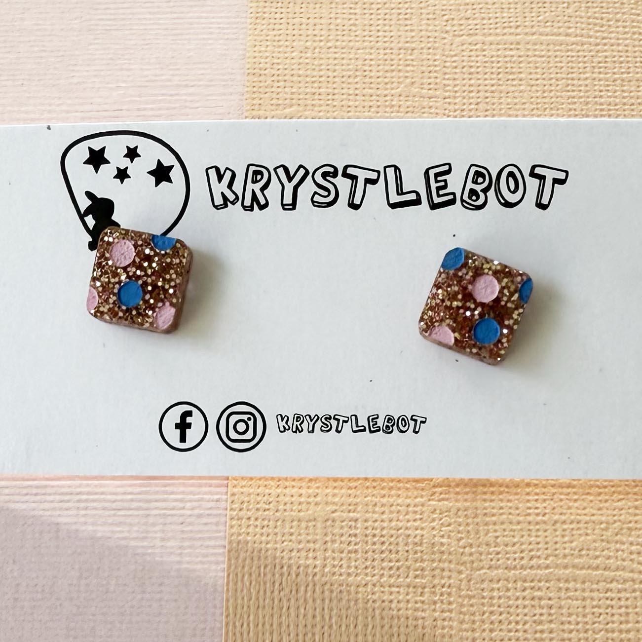 Rose gold glitter with pink and blue coloured spotted painted square studs, Teacher Gifts, Everyday earrings, Basic Studs