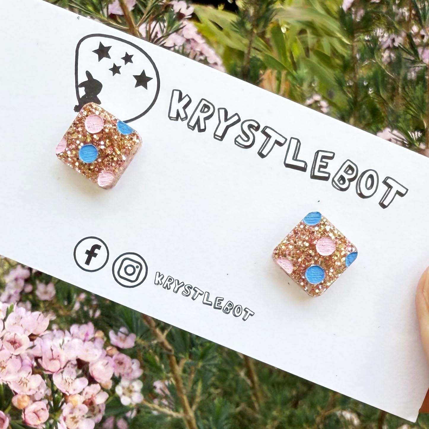 Rose gold glitter with pink and blue coloured spotted painted square studs, Teacher Gifts, Everyday earrings, Basic Studs