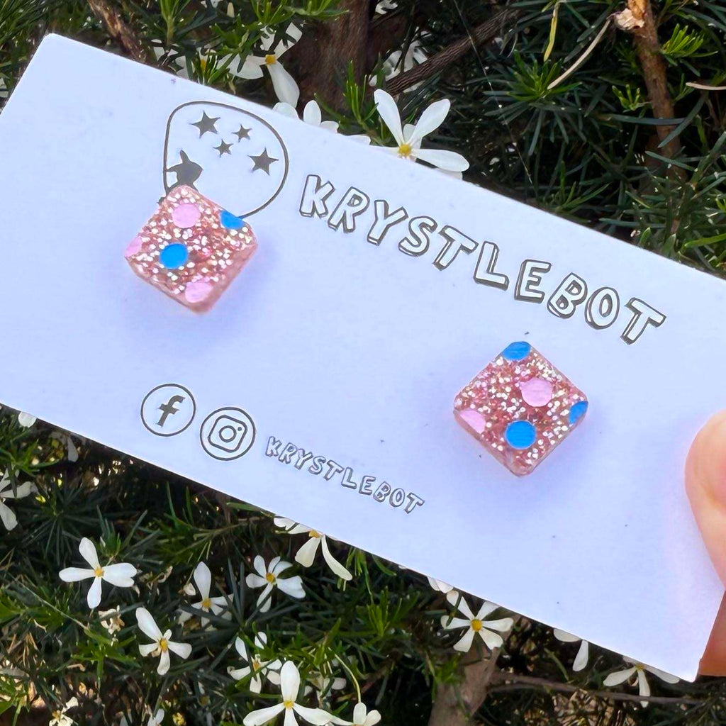 Rose gold glitter with pink and blue coloured spotted painted square studs, Teacher Gifts, Everyday earrings, Basic Studs