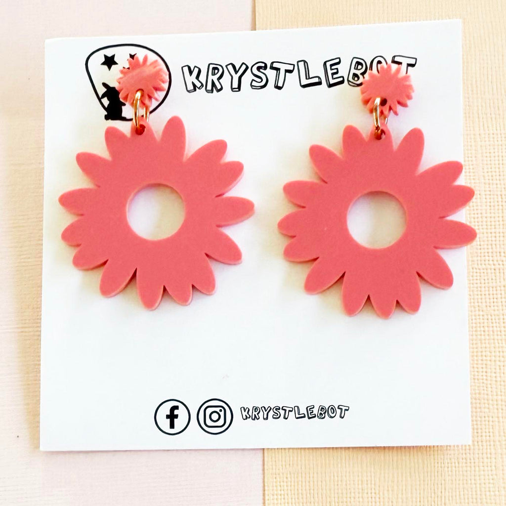 Large raspberry pink sunflower statement dangles, floral flower earrings, big statement lightweight earrings, teacher earrings