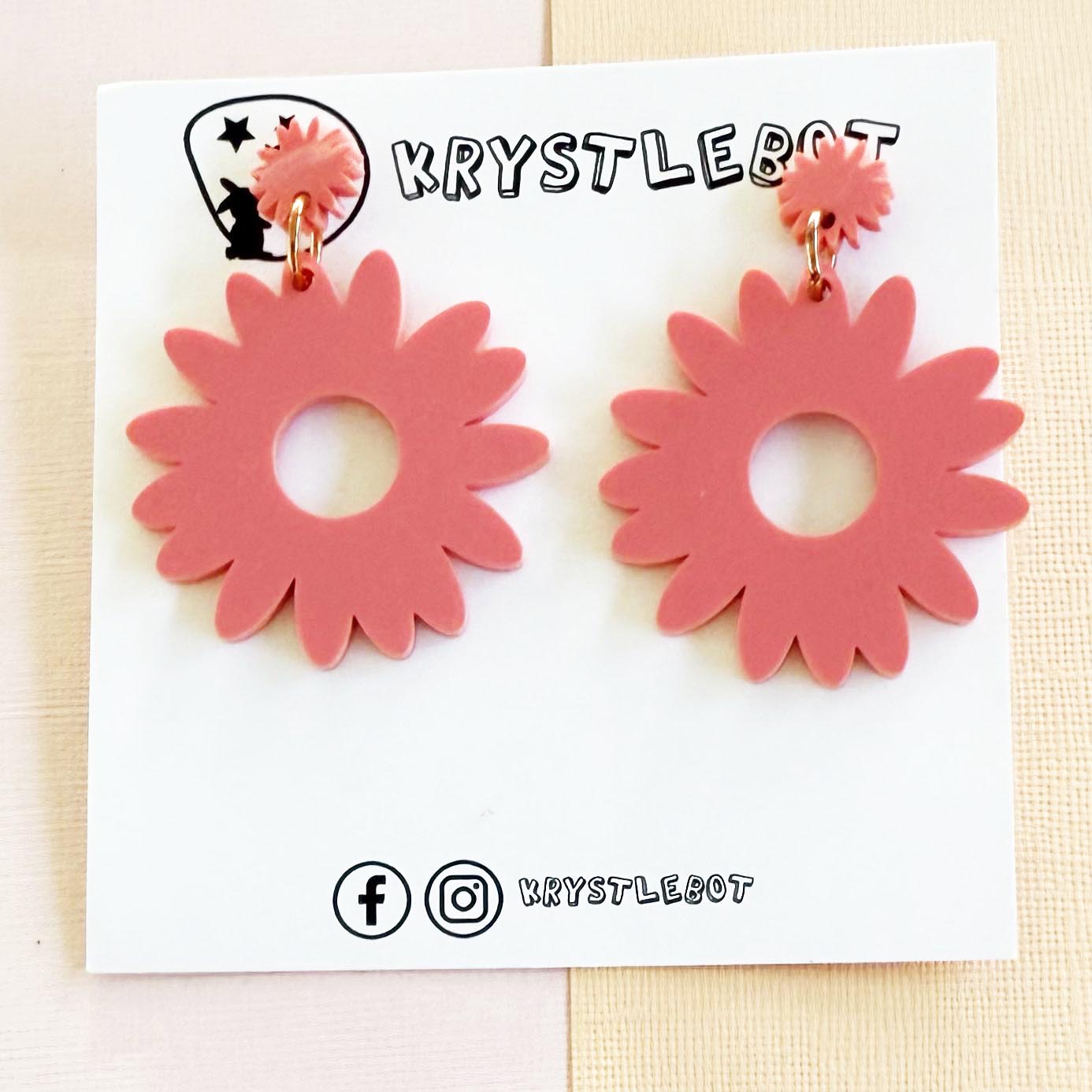 Large raspberry pink sunflower statement dangles, floral flower earrings, big statement lightweight earrings, teacher earrings