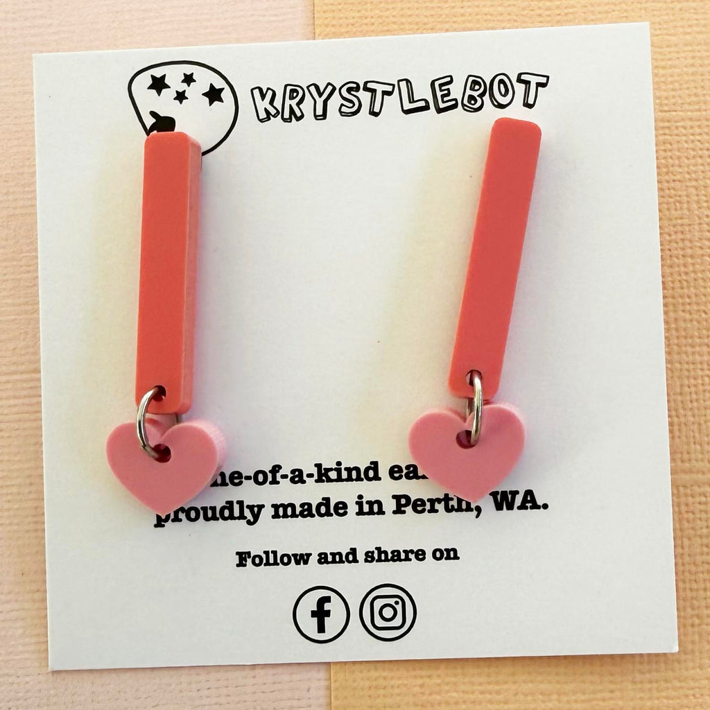 Pink and raspberry heart coloured pop dangles, rectangular and heart combo dangles, teacher earrings, lightweight dangles