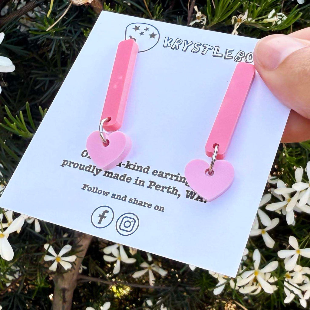 Pink and raspberry heart coloured pop dangles, rectangular and heart combo dangles, teacher earrings, lightweight dangles