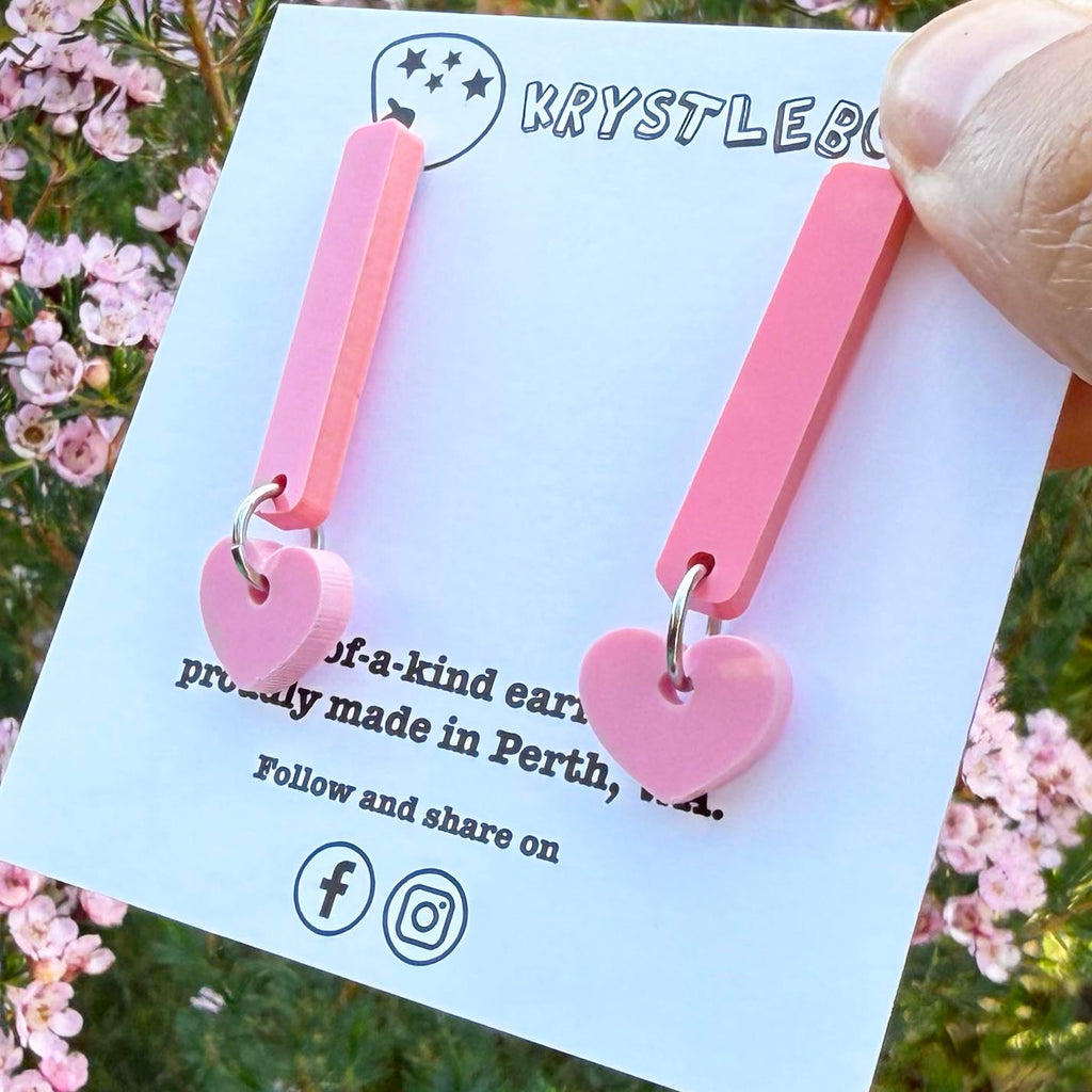 Pink and raspberry heart coloured pop dangles, rectangular and heart combo dangles, teacher earrings, lightweight dangles
