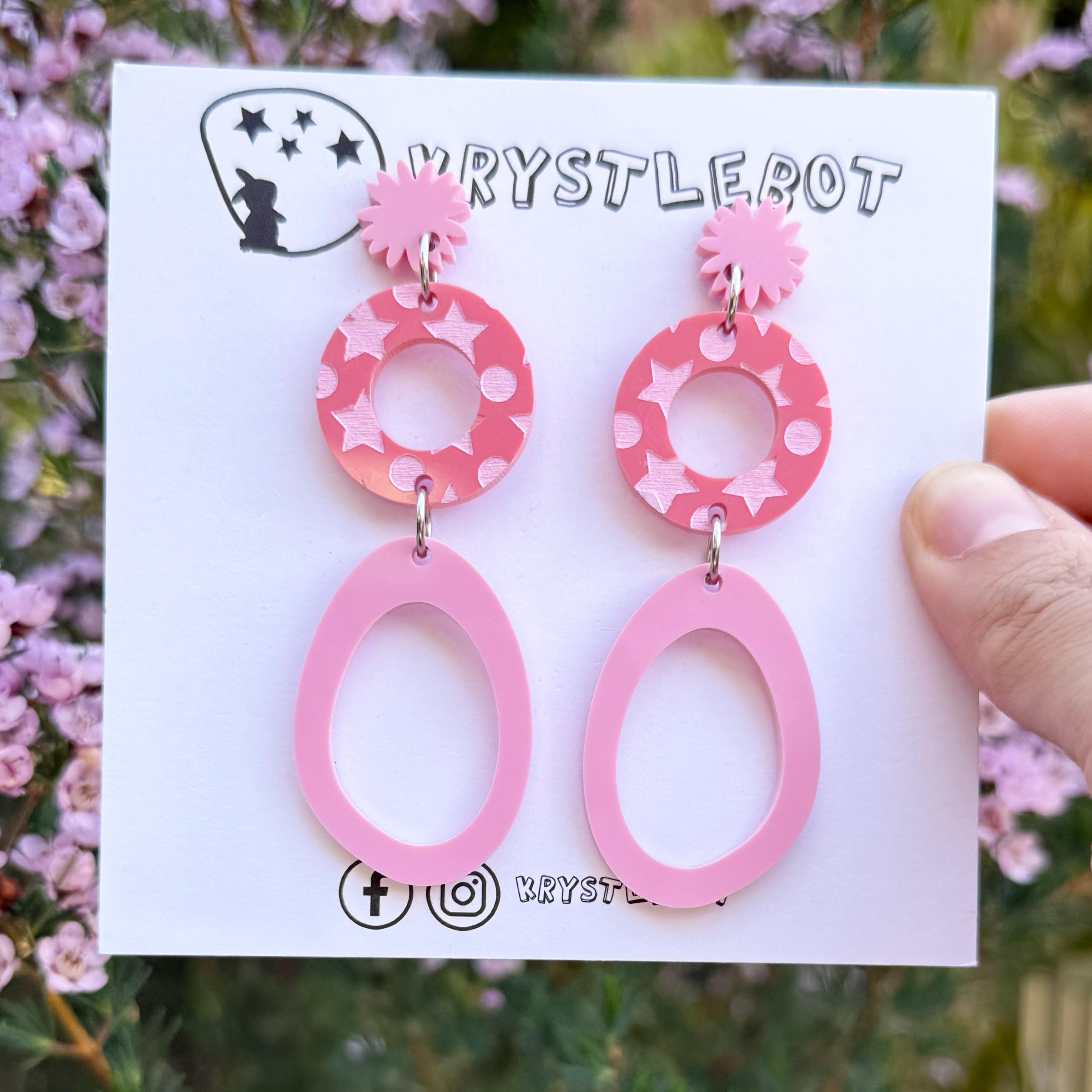 Two pink starburst, circle and large oval dangle earrings with star patterned painted centre, Acrylic earrings, Lightweight dangles,Teacher Earrings