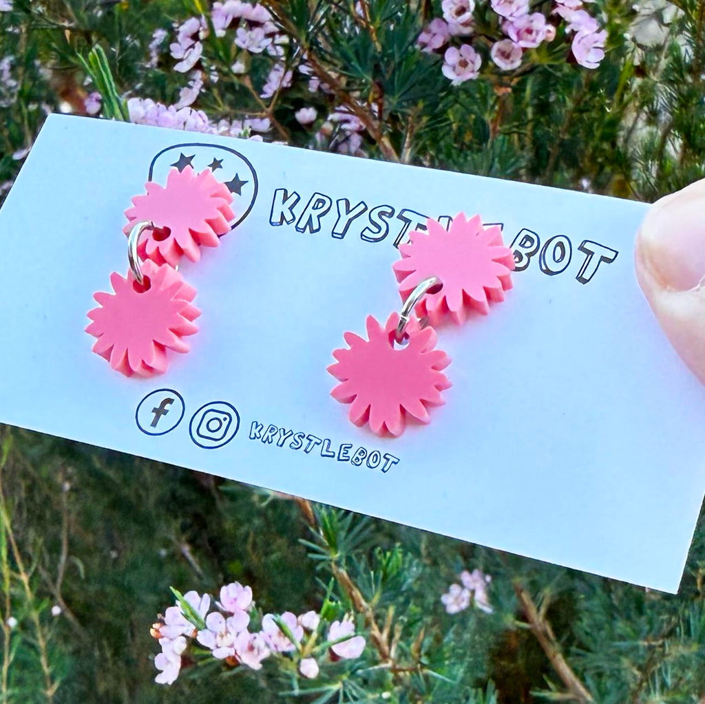 Raspberry pink mini starburst dangles, lightweight earrings, teacher earrings, acrylic earrings