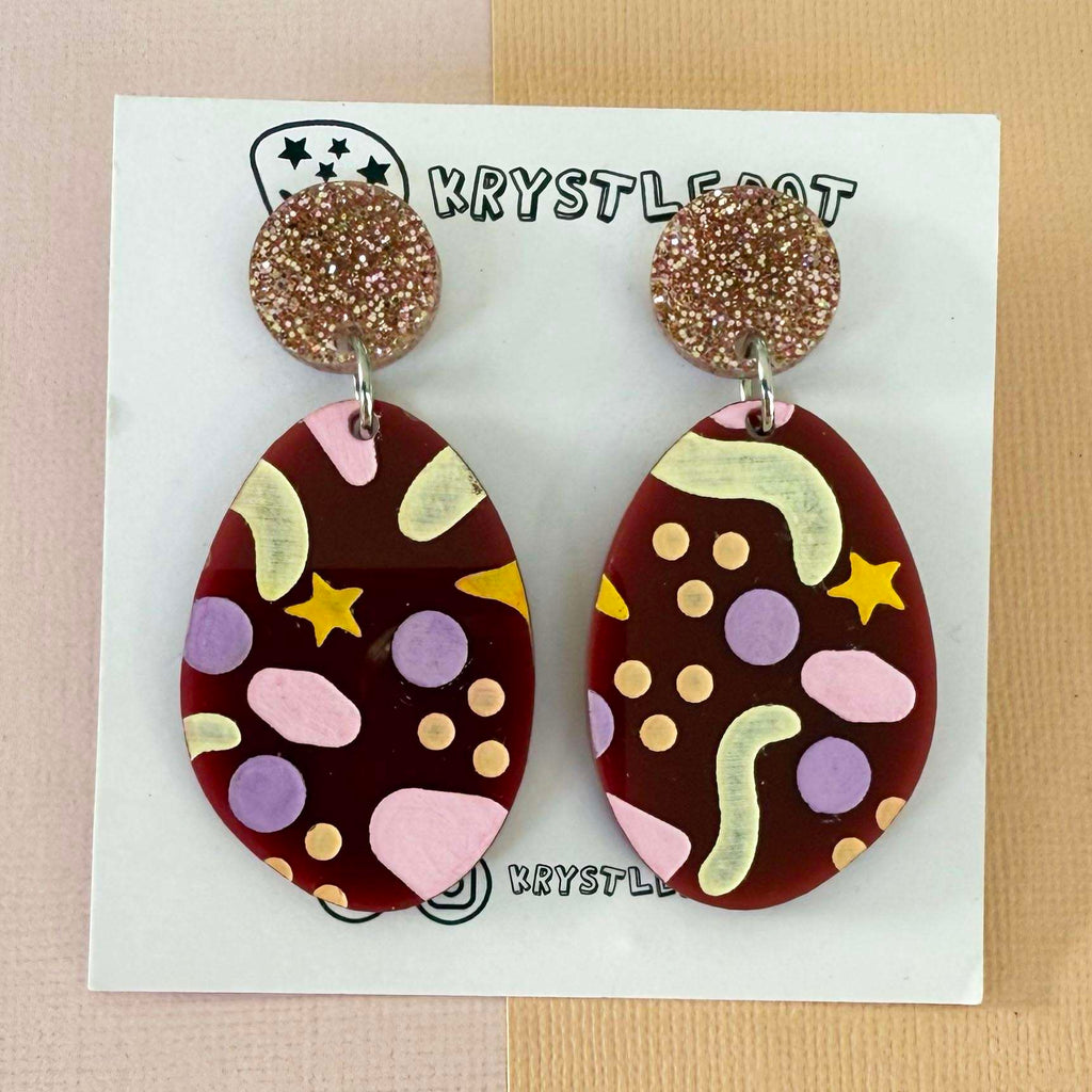 Burgundy Pink and Neutral Tones Cosmic Inspired Hand Painted Oval Earrings, Lightweight Acrylic Dangles, One-Off
