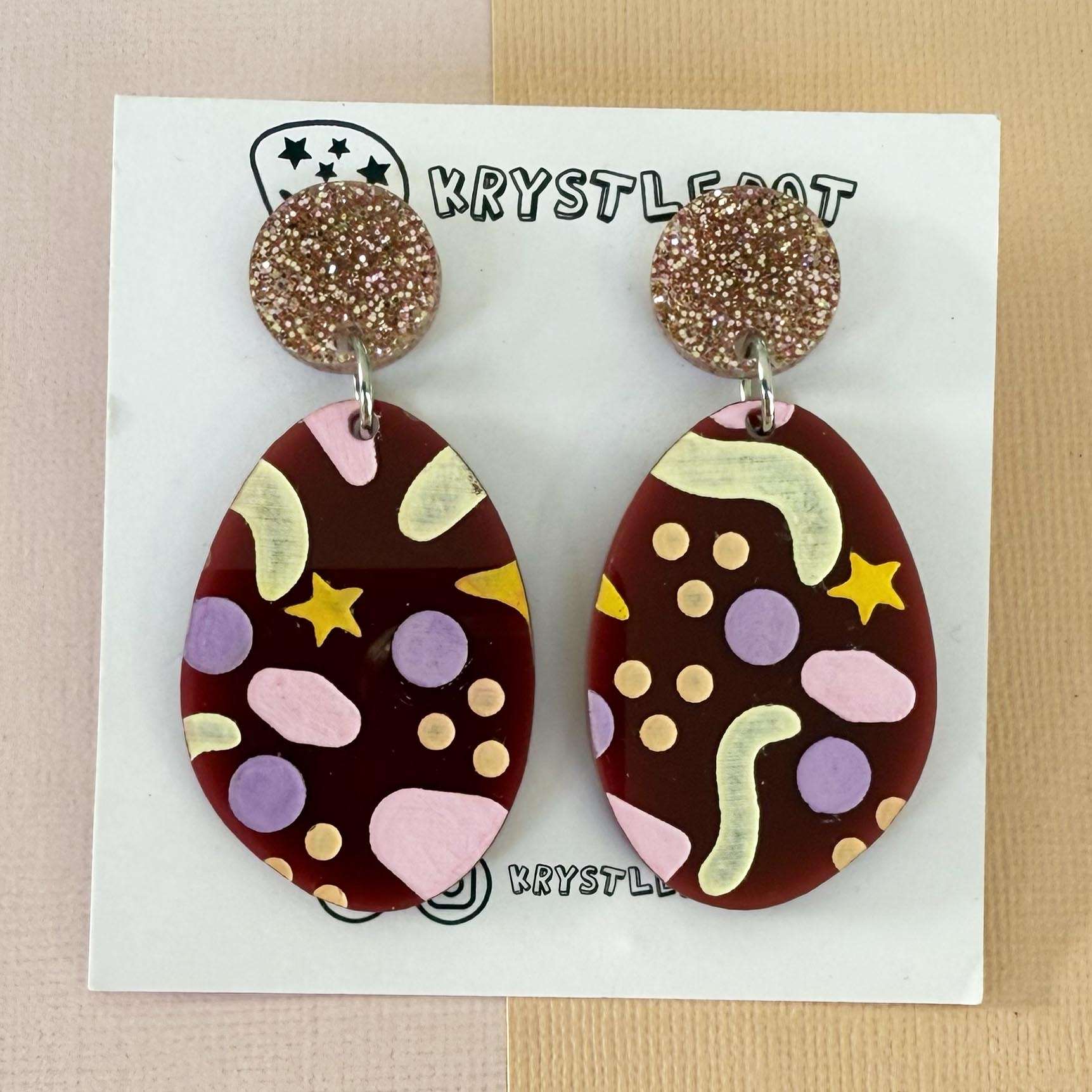 Burgundy Pink and Neutral Tones Cosmic Inspired Hand Painted Oval Earrings, Lightweight Acrylic Dangles, One-Off