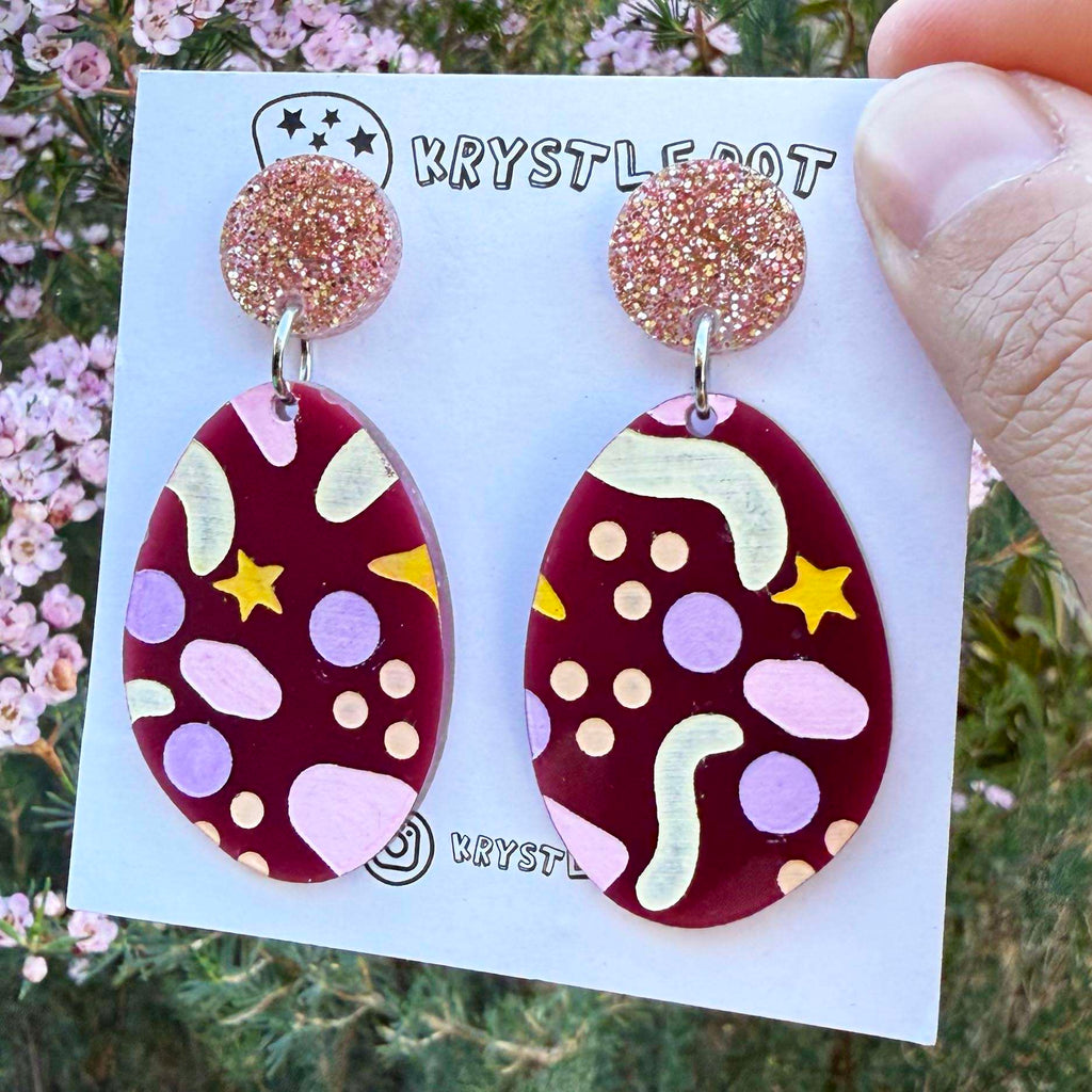 Burgundy Pink and Neutral Tones Cosmic Inspired Hand Painted Oval Earrings, Lightweight Acrylic Dangles, One-Off