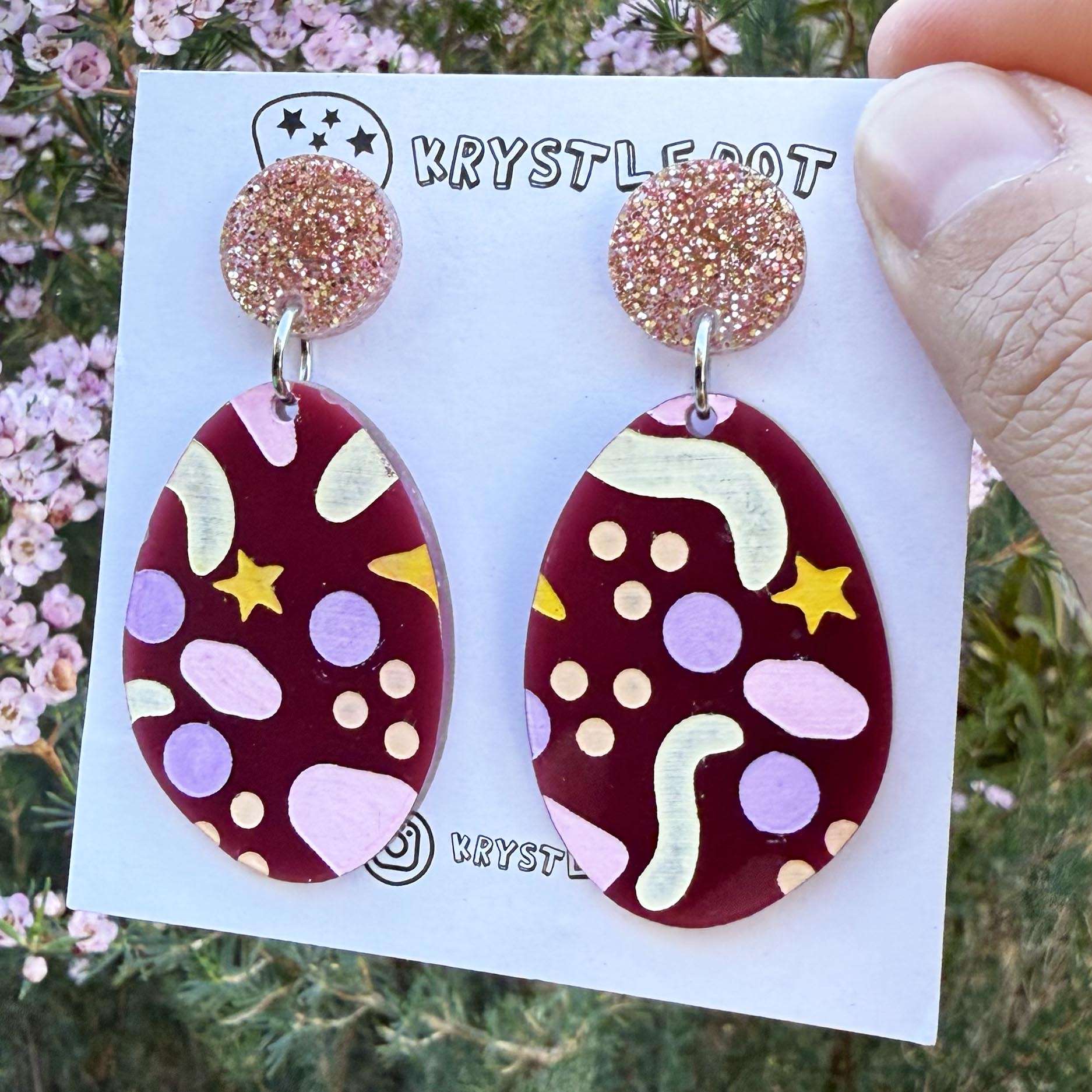 Burgundy Pink and Neutral Tones Cosmic Inspired Hand Painted Oval Earrings, Lightweight Acrylic Dangles, One-Off
