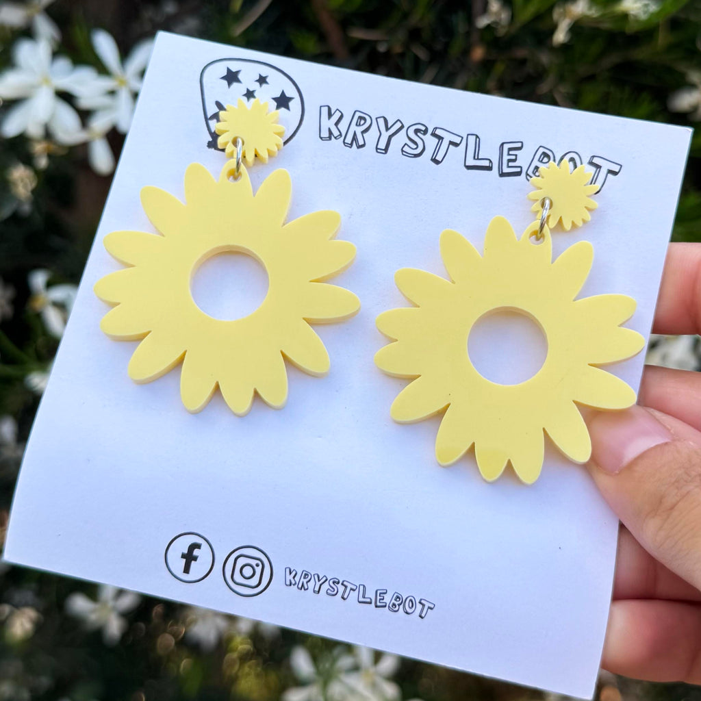 Large yellow sunflower statement dangles, floral flower earrings, big statement lightweight earrings, teacher earrings
