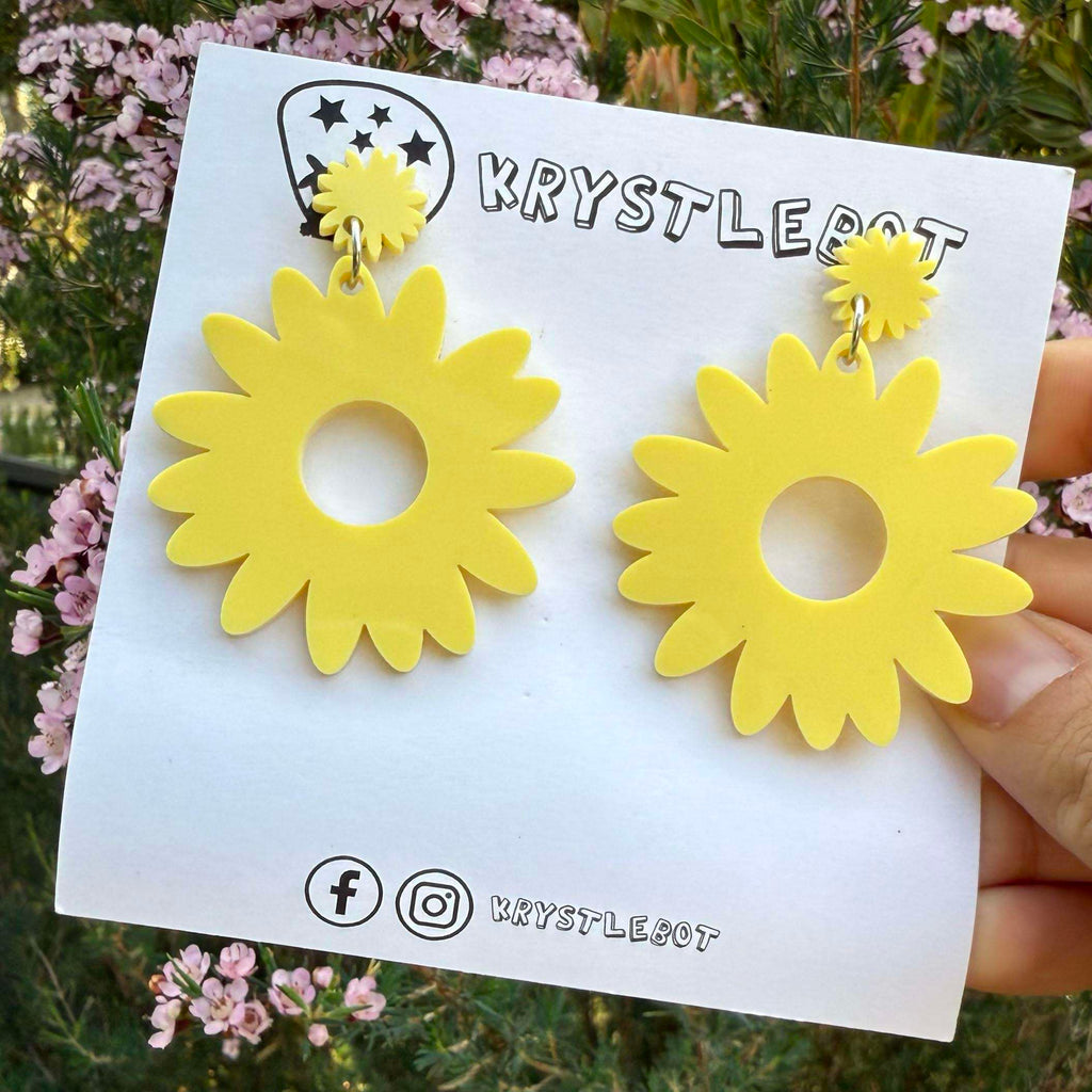 Large yellow sunflower statement dangles, floral flower earrings, big statement lightweight earrings, teacher earrings