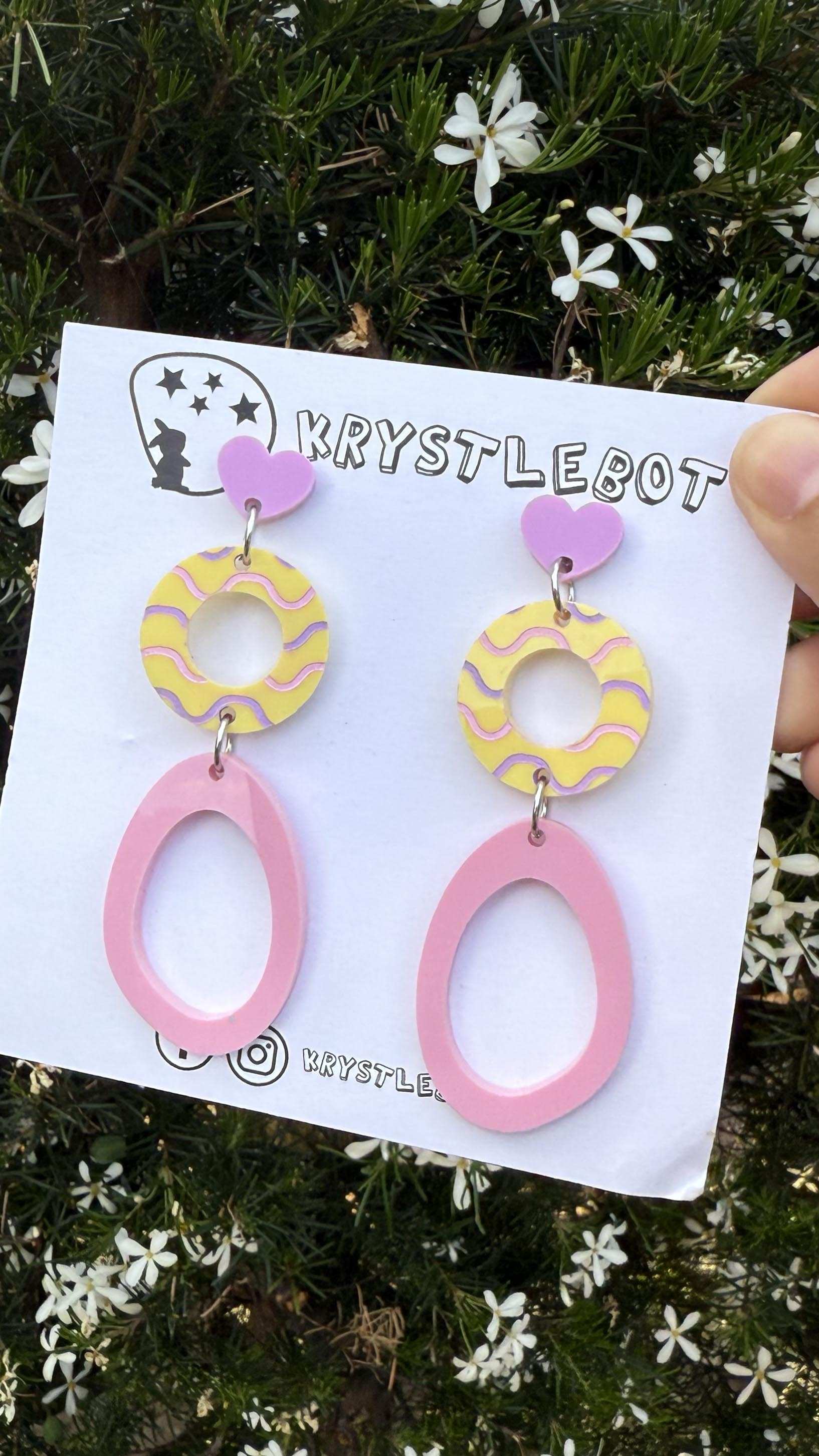 Purple, pink and yellow circle and large oval dangle earrings with wave patterned painted centre, Acrylic earrings, Lightweight dangles,Teacher Earrings