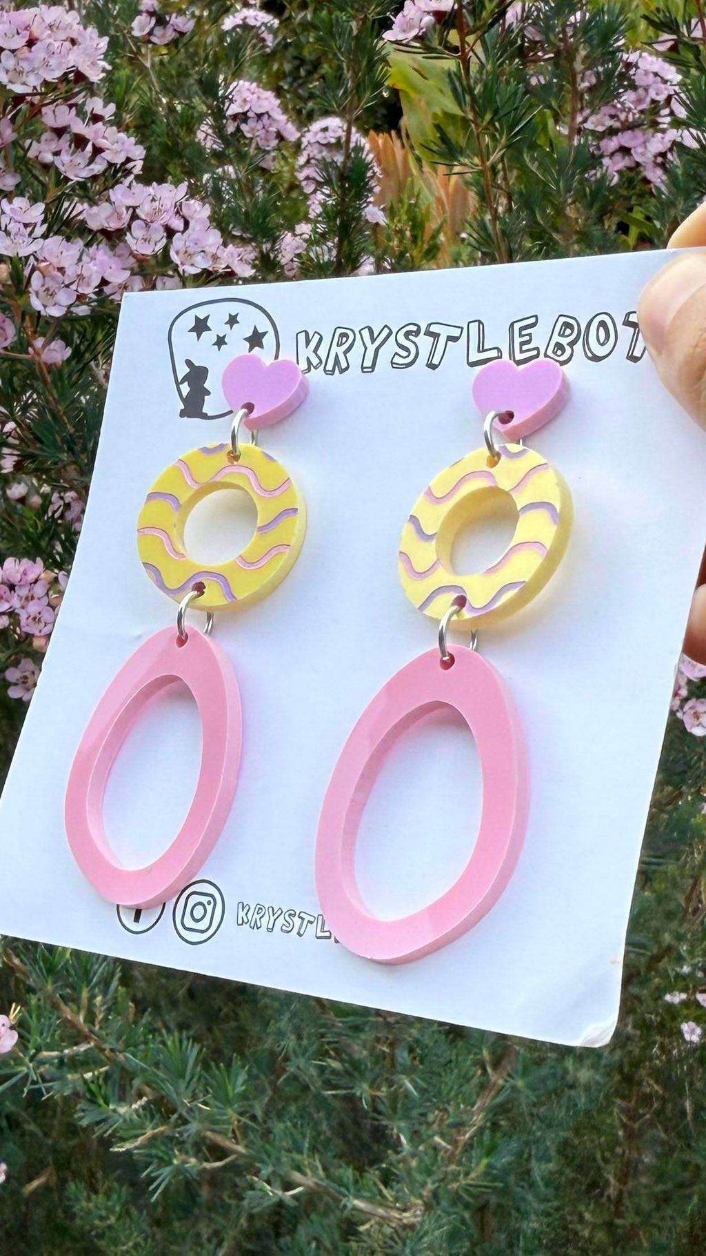 Purple, pink and yellow circle and large oval dangle earrings with wave patterned painted centre, Acrylic earrings, Lightweight dangles,Teacher Earrings
