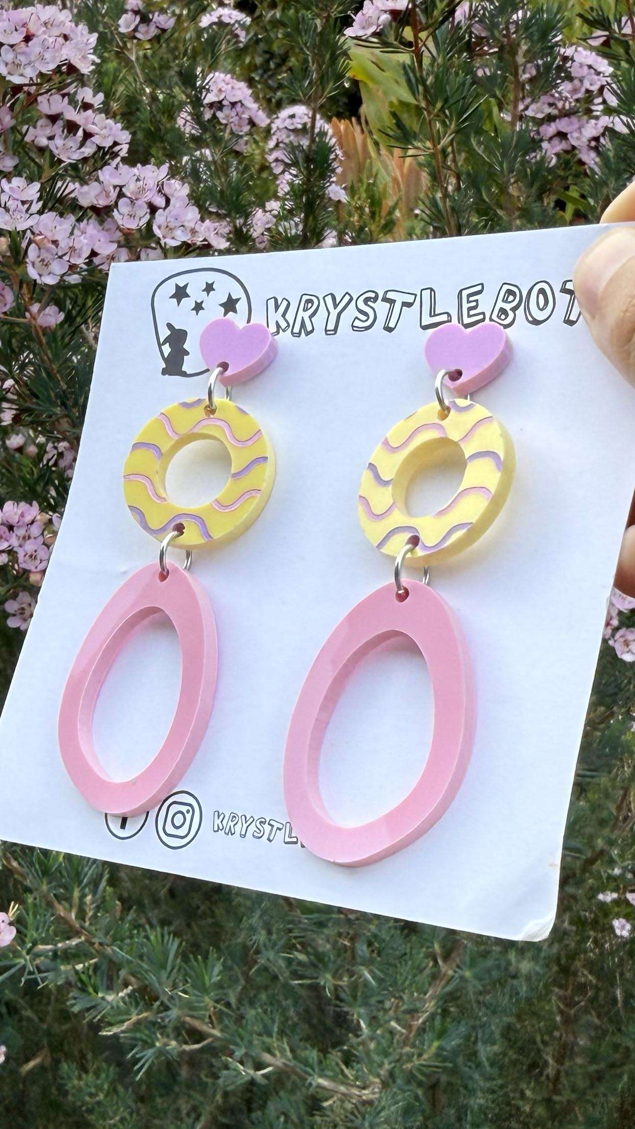 Purple, pink and yellow circle and large oval dangle earrings with wave patterned painted centre, Acrylic earrings, Lightweight dangles,Teacher Earrings