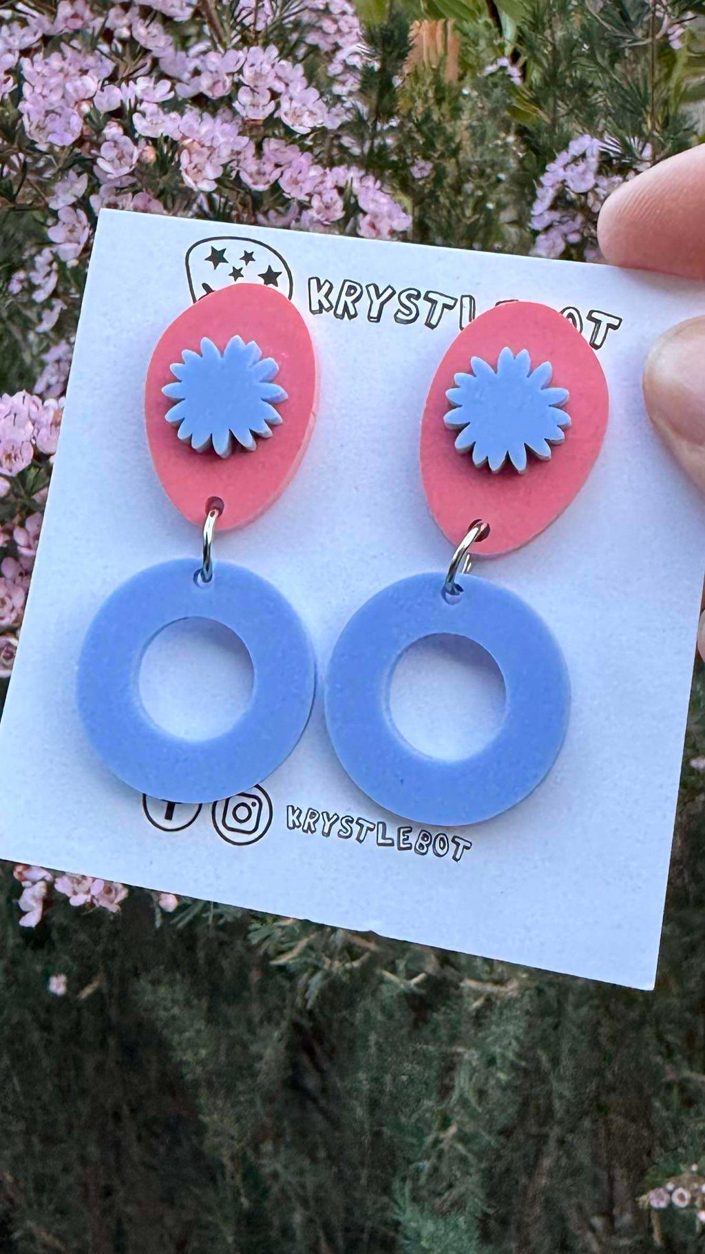Blue and pink circle oval and starburst dangles, Acrylic earrings, Lightweight dangles,Teacher Earrings