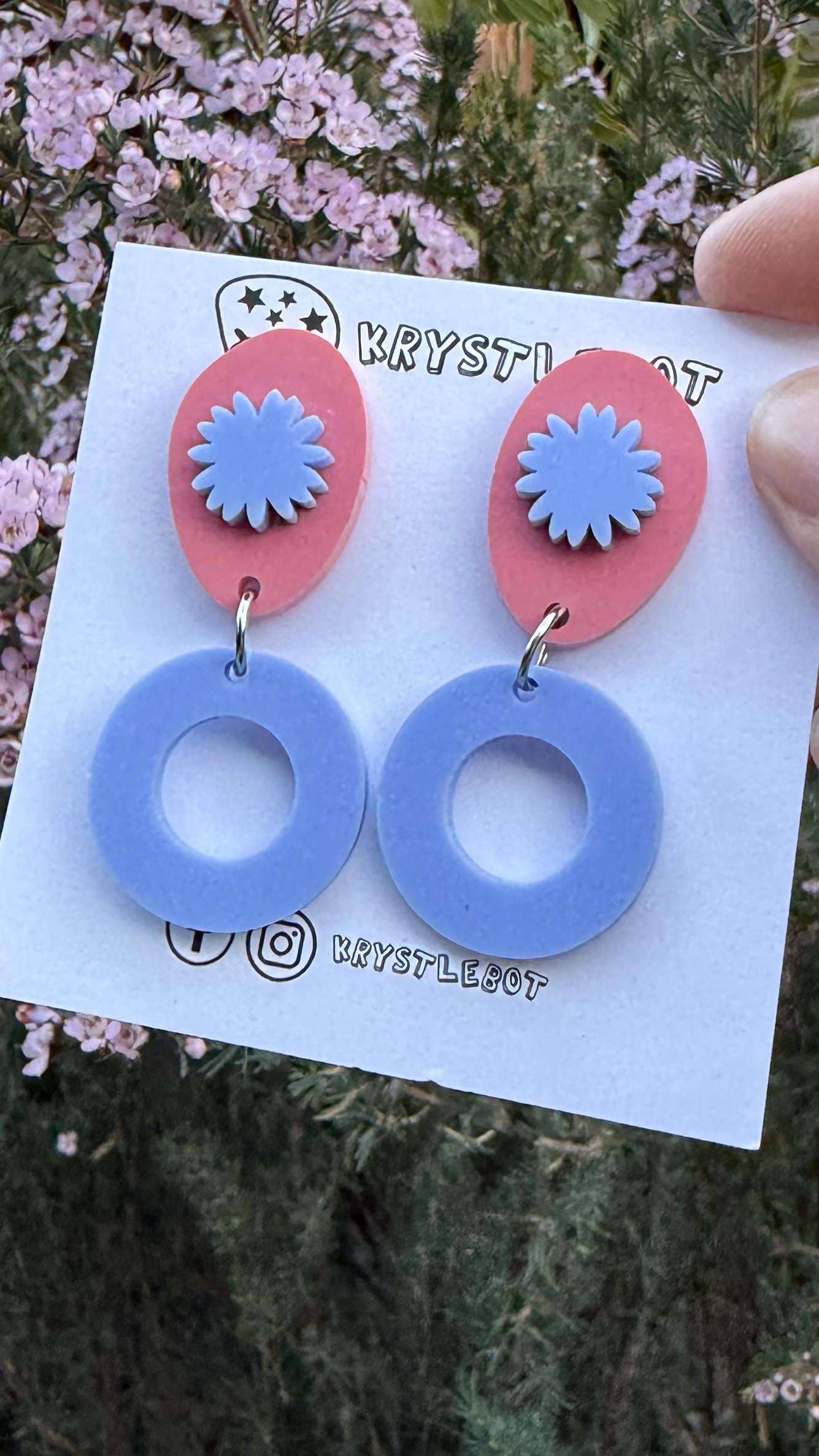 Blue and pink circle oval and starburst dangles, Acrylic earrings, Lightweight dangles,Teacher Earrings