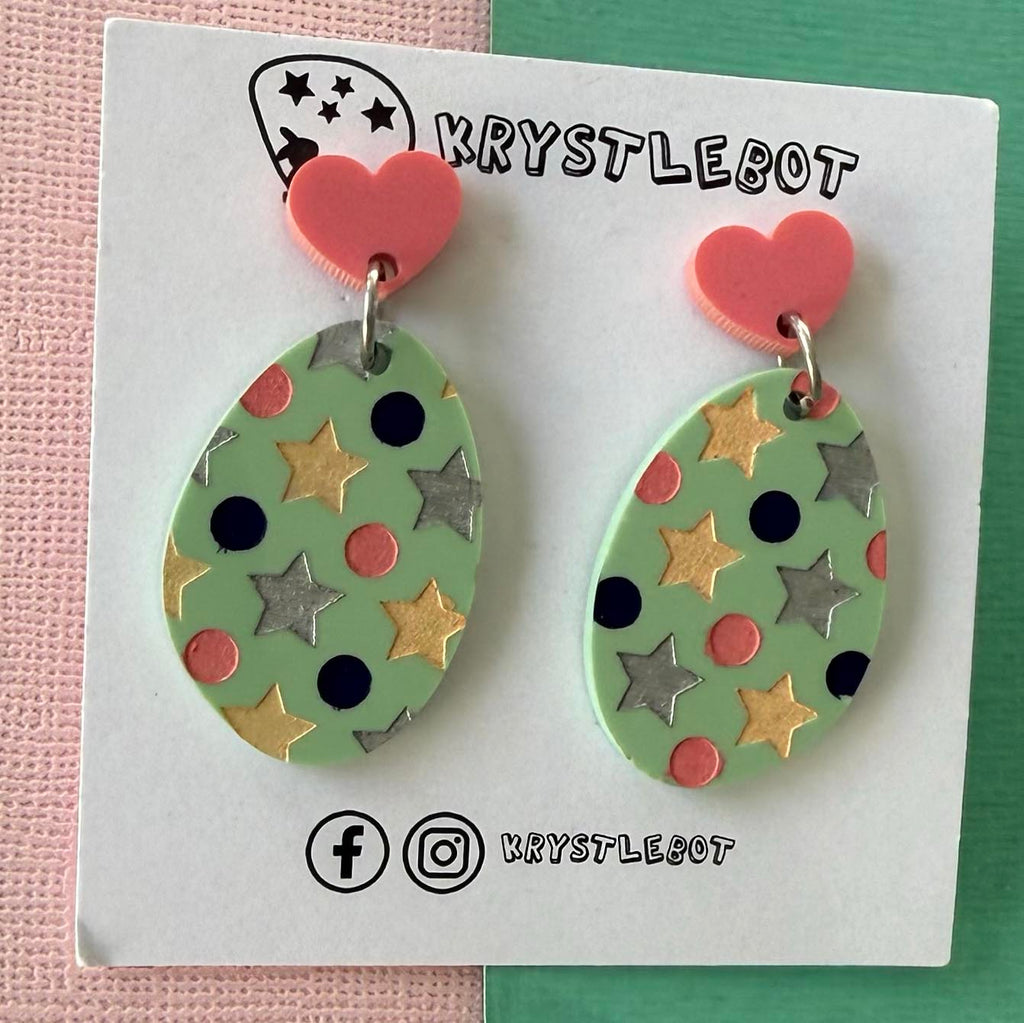 Mint green multi coloured star and spots Hand Painted Oval Earrings, Lightweight Acrylic Dangles, One-Off