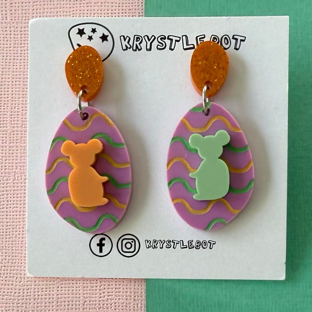 Koala Mismatched Dangles, Mint Green and Peach Orange wave Hand Painted Oval Earrings, Lightweight Acrylic Dangles, One-Off