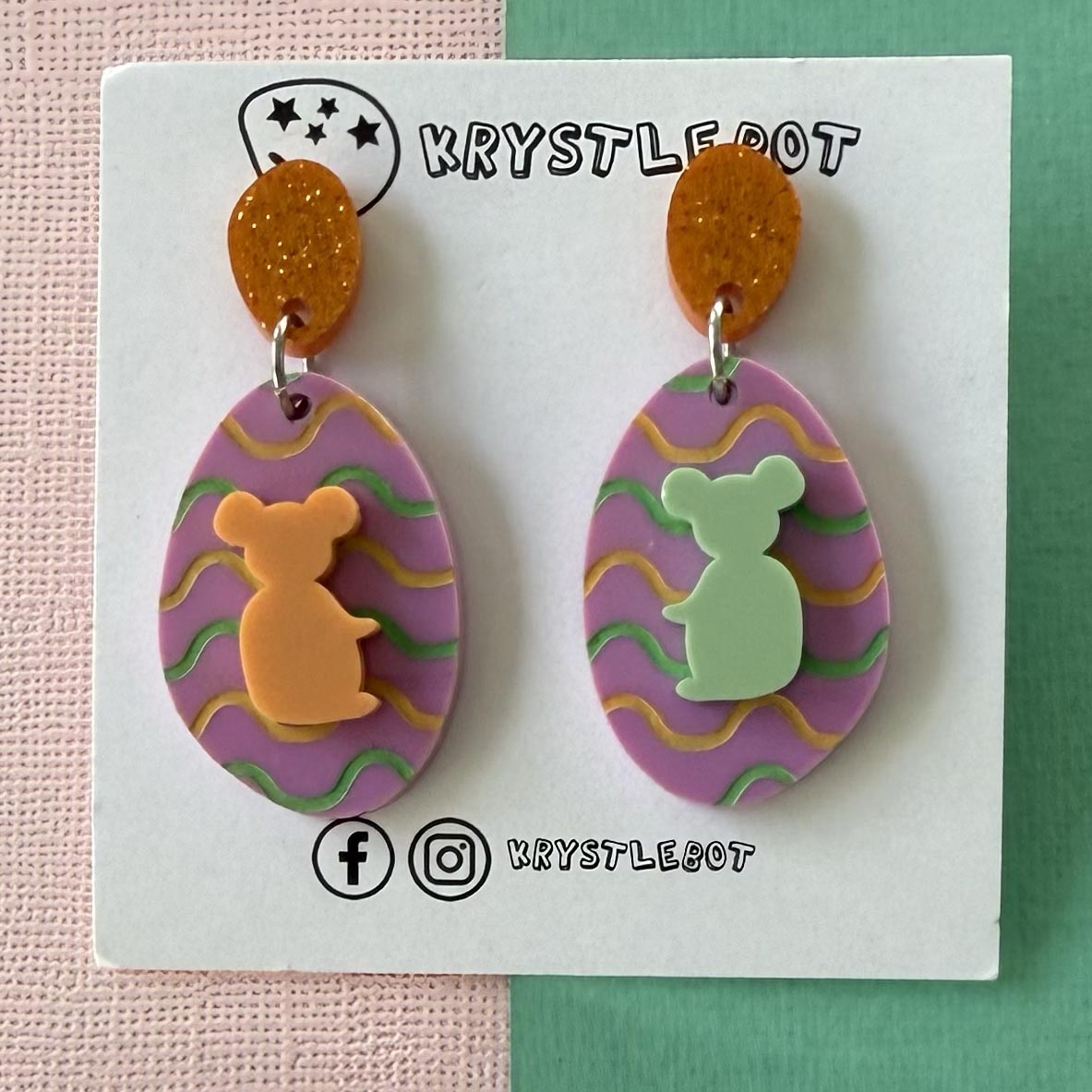 Koala Mismatched Dangles, Mint Green and Peach Orange wave Hand Painted Oval Earrings, Lightweight Acrylic Dangles, One-Off