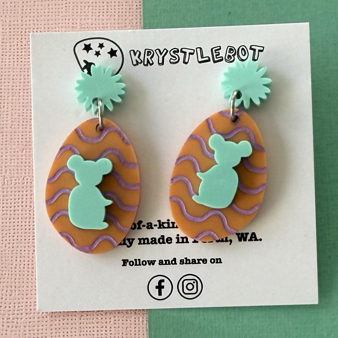 Koala Dangles, Mint Green and Purple Orange wave Hand Painted Oval Earrings, Lightweight Acrylic Dangles, One-Off