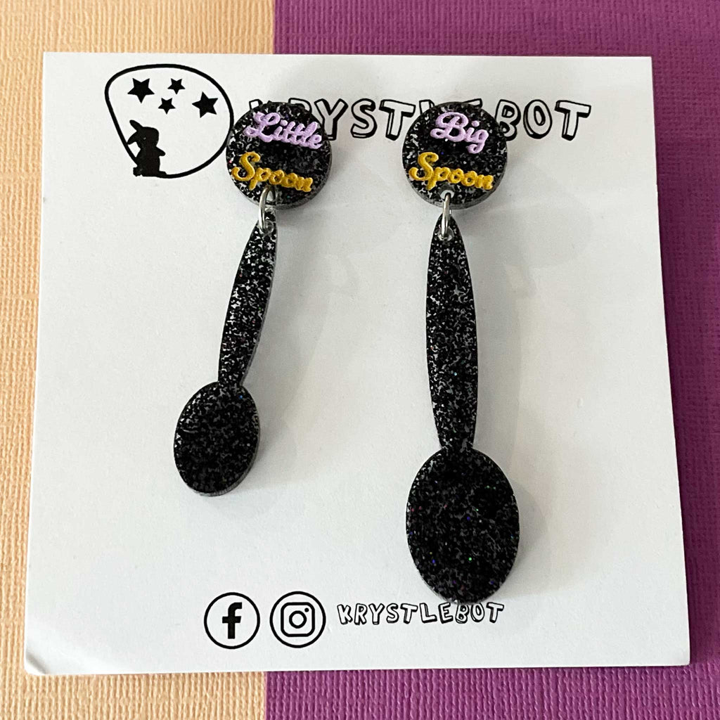 Big spoon little spoon dangles, peach and lavender, mismatched earrings, hand painted dangles, Valentines Earrings, Love Dangles