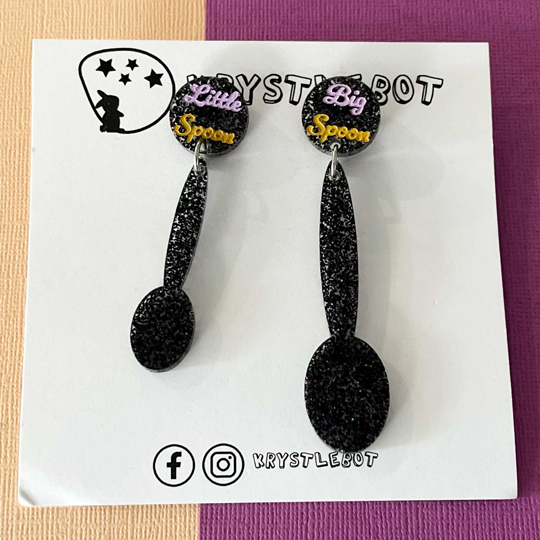 Big spoon little spoon dangles, peach and lavender, mismatched earrings, hand painted dangles, Valentines Earrings, Love Dangles