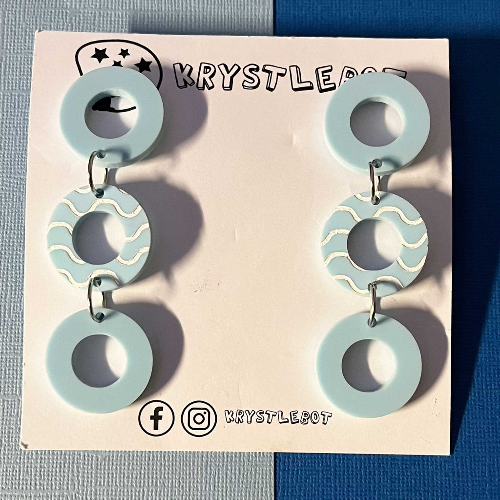 Light Blue Circle Trio dangles with white hand painted wave centre, Acrylic earrings, Lightweight dangles,Teacher Earrings