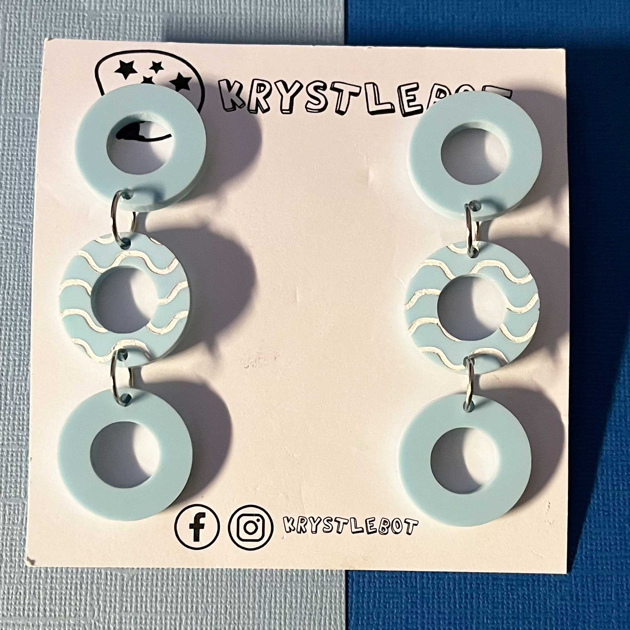Light Blue Circle Trio dangles with white hand painted wave centre, Acrylic earrings, Lightweight dangles,Teacher Earrings
