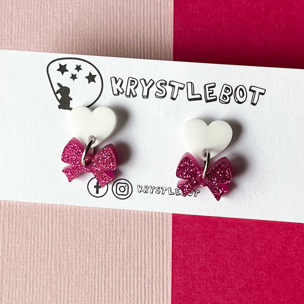 Pink bow inspired mini dangles, pink and white heart and mini bow round dangles, lightweight statement dangle