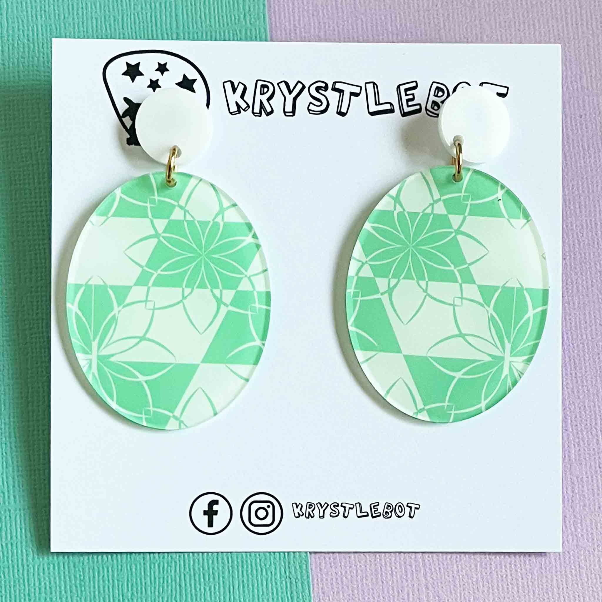 Green and white abstract floral patterened oval dangles, lightweight acrylic earrings, quilt pattern like statement dangles Krystlebot