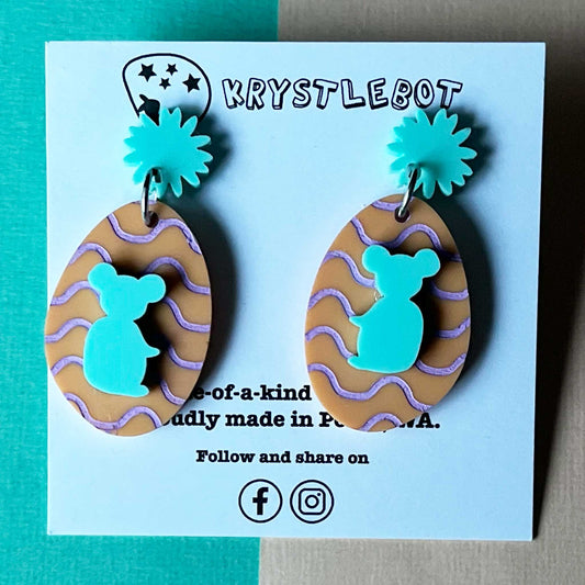 Koala Dangles, Mint Green and Purple Orange wave Hand Painted Oval Earrings, Lightweight Acrylic Dangles, One-Off