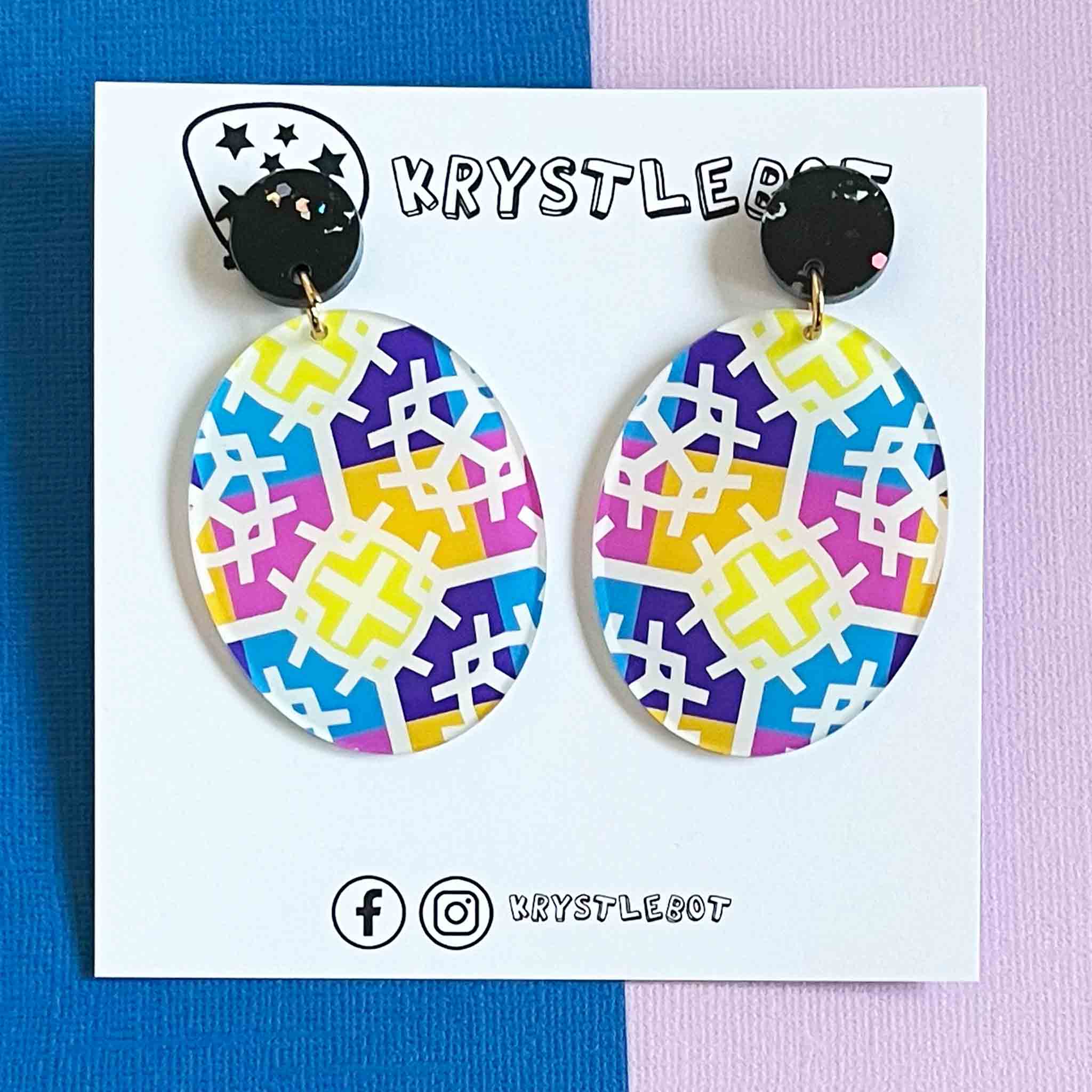 Multi coloured patterened oval dangles, lightweight acrylic earrings, quilt pattern like statement dangles Krystlebot