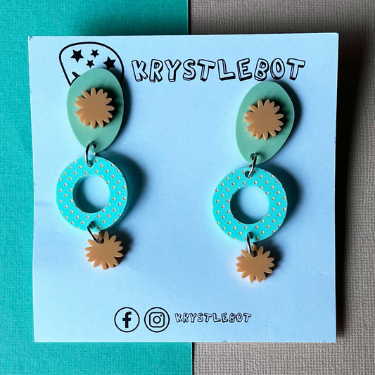 Spearmint green, orange and sage green circle, oval and starburst dangles, spotted painted pattern, Acrylic earrings, Lightweight dangles,Teacher Earrings