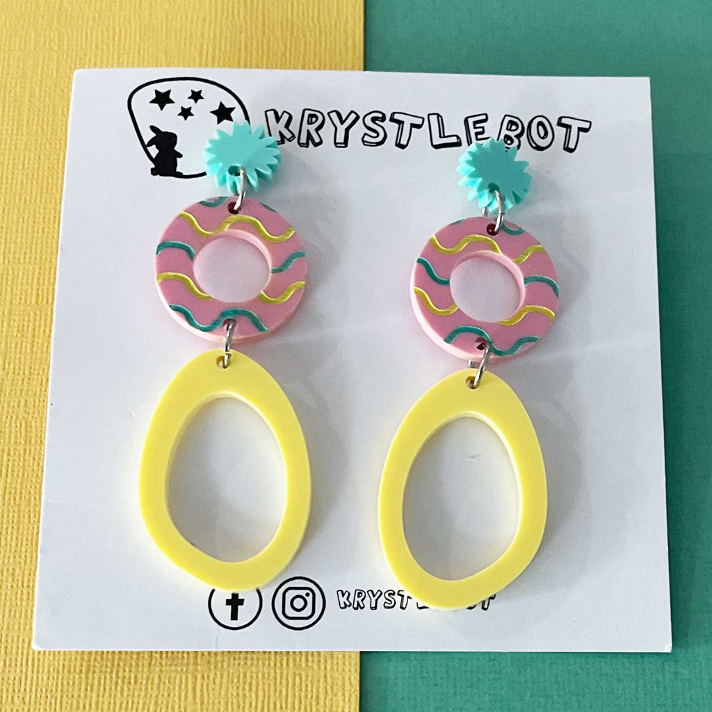 Spearmint green, pink and yellow circle and large oval dangle earrings with wave patterned painted centre, Acrylic earrings, Lightweight dangles,Teacher Earrings