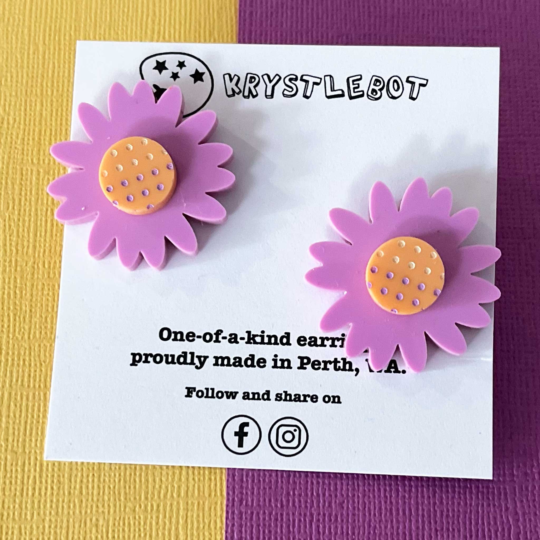Purple and orange stacked sunflower stud statement earrings, teacher dangles, big large earrings, acrylic earrings