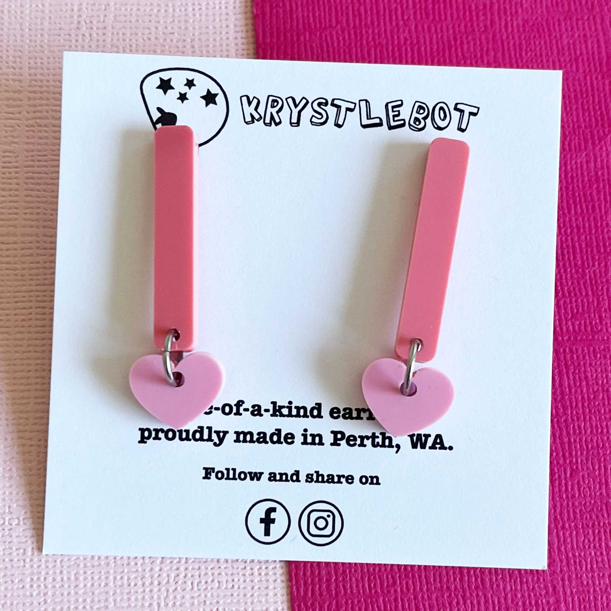 Pink and raspberry heart coloured pop dangles, rectangular and heart combo dangles, teacher earrings, lightweight dangles