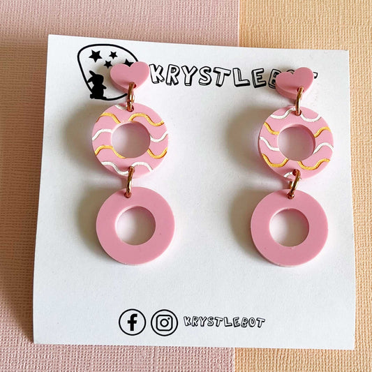Pink heart and circle painted wave dangles, Acrylic earrings, Lightweight dangles,Teacher Earrings (Copy)