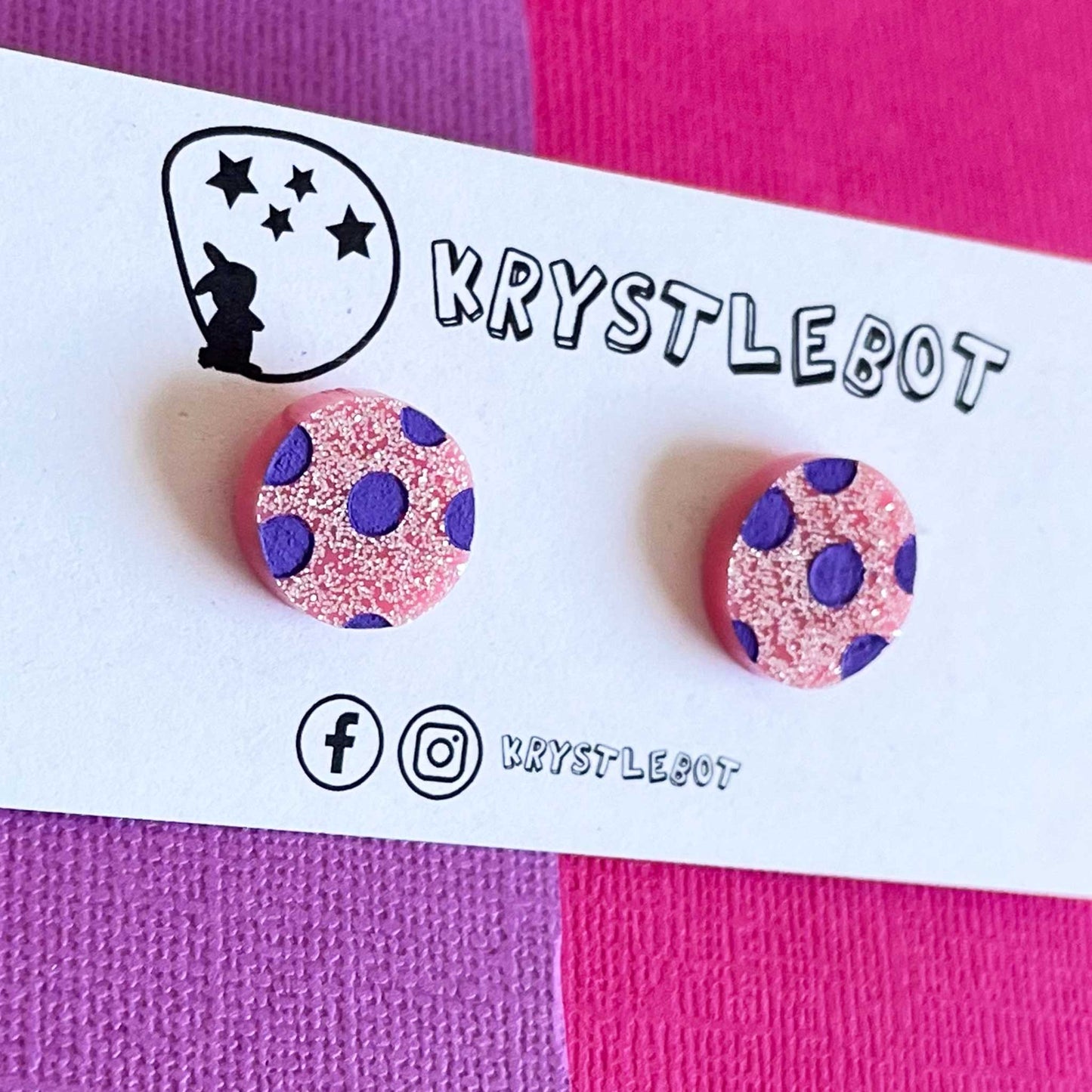 Pink glitter purple spotted painted oval studs, Teacher Gifts, Everyday earrings, Basic Studs