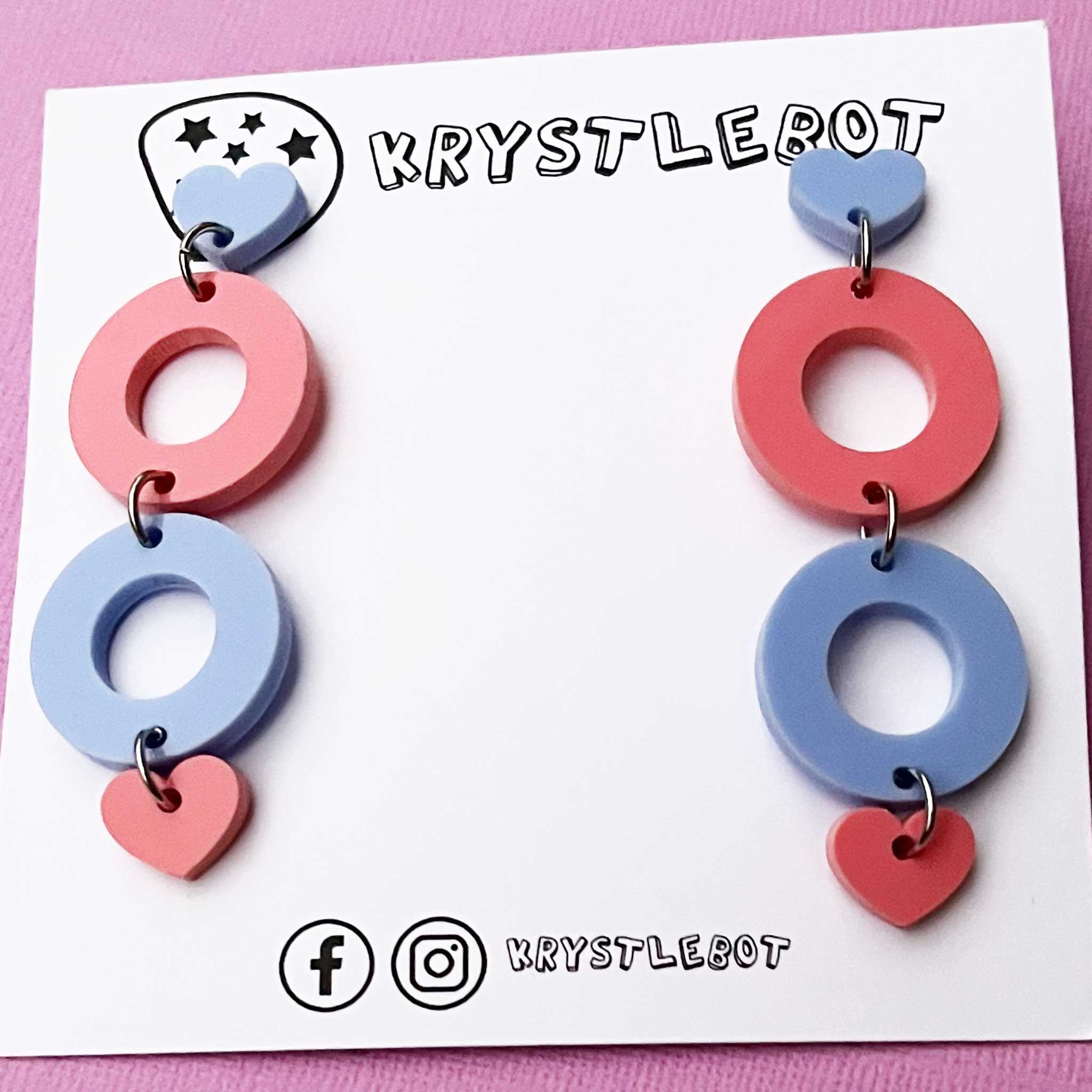 Raspberry pink and blue heart and circle dangles, Acrylic earrings, Lightweight dangles,Teacher Earrings