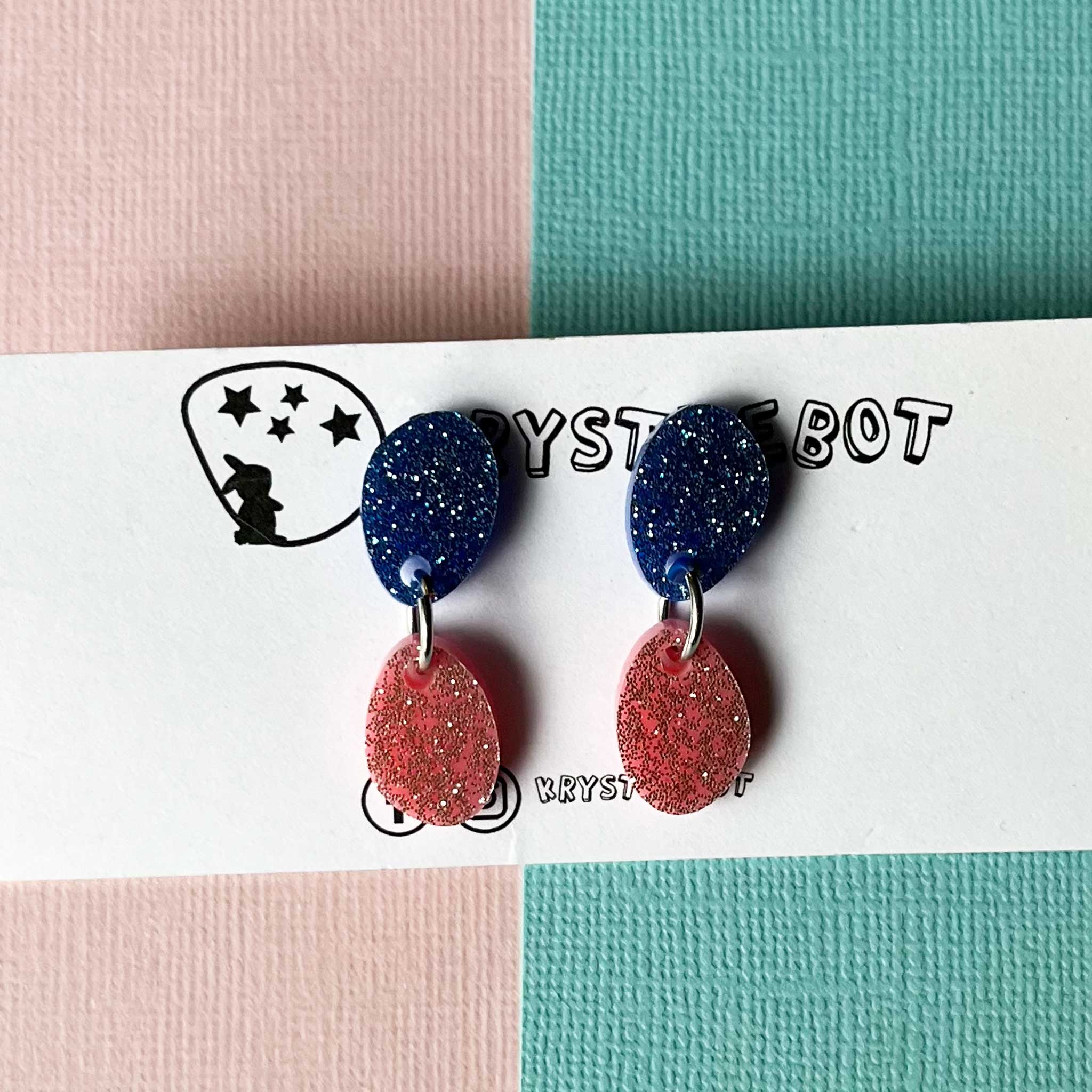 Pink and blue glitter small oval dangle earrings, mismatch lightweight earrings, teacher dangles, kid earrings, first earrings