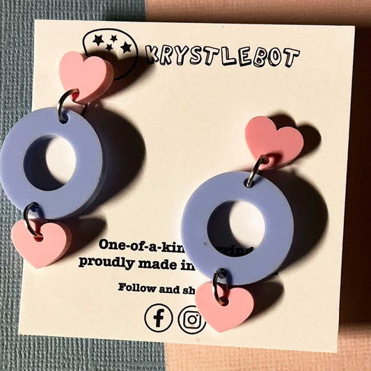 Blue and Light Pink Circle and Heart Dangles, Acrylic earrings, Lightweight dangles,Teacher Earrings