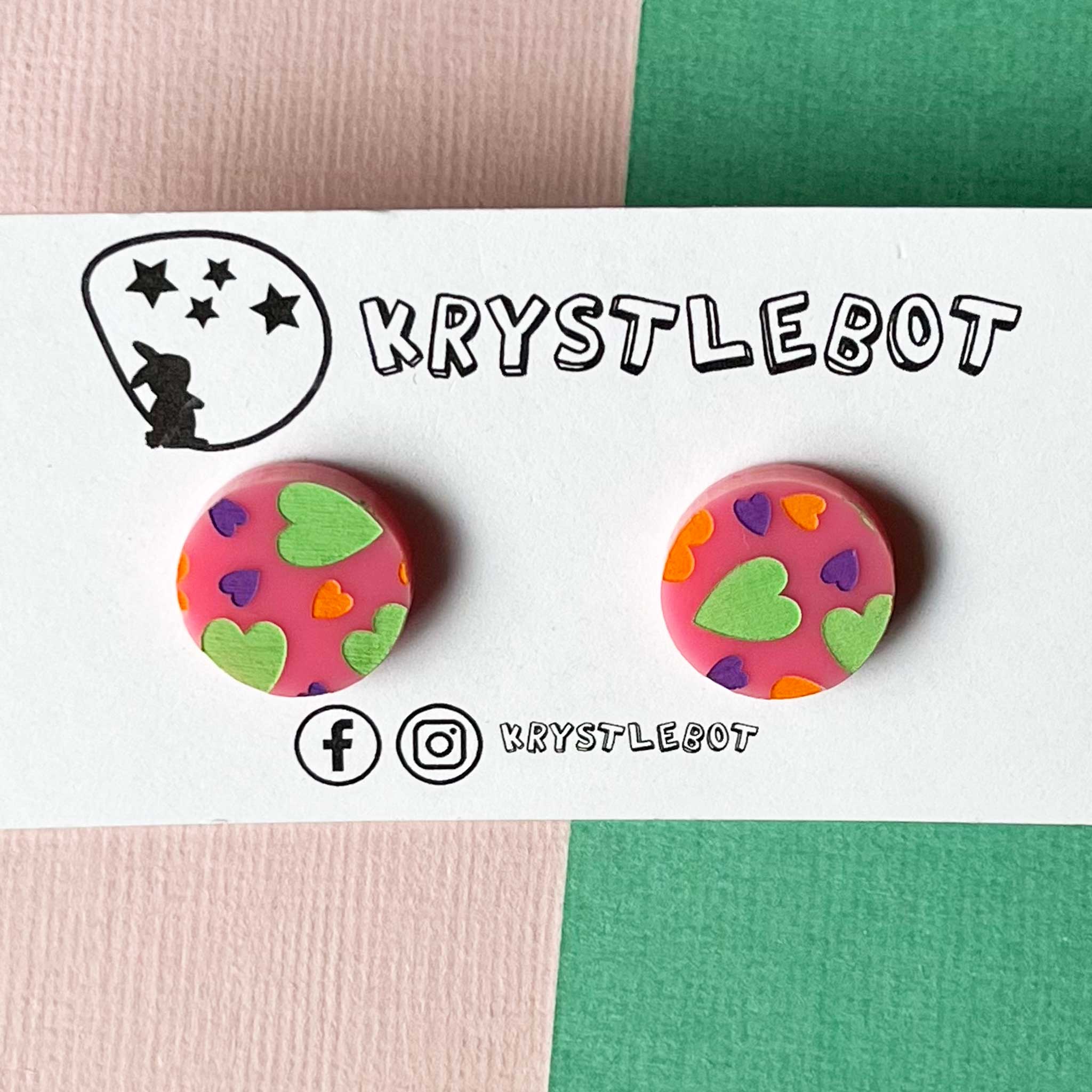 Painted Purple, Green and Orange Heart Studs on a Pink Acrylic Base, Statement Studs, Acrylic Earrings Teacher Gift