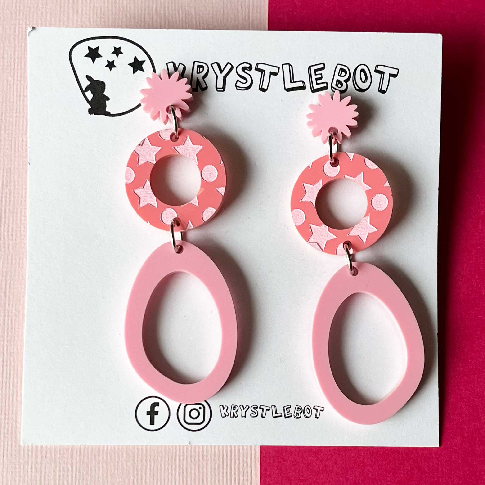 Two pink starburst, circle and large oval dangle earrings with star patterned painted centre, Acrylic earrings, Lightweight dangles,Teacher Earrings