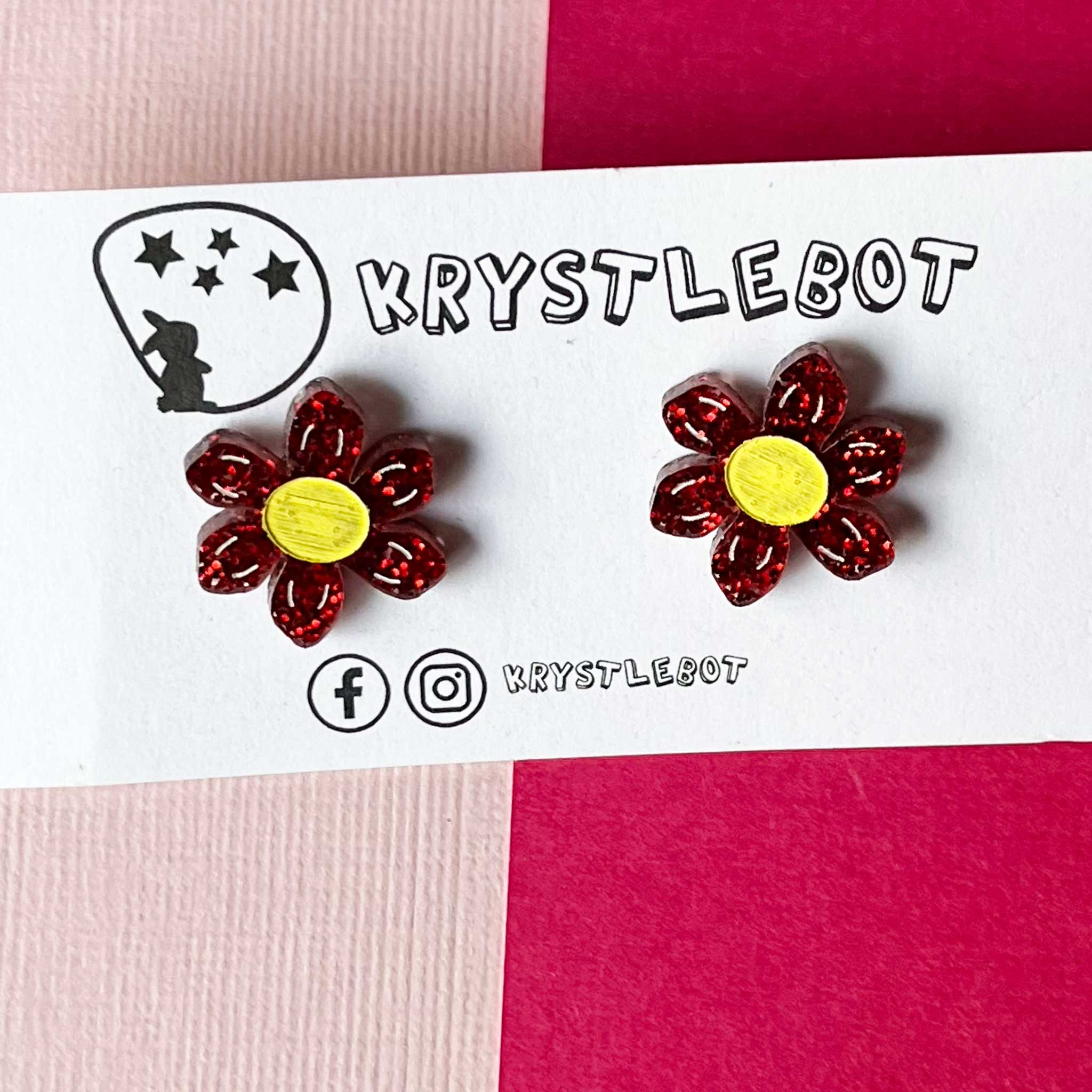 Red glitter daisy studs, hand painted with yellow centre and white petal features, Lightweight Acrylic Studs Earrings, first earring